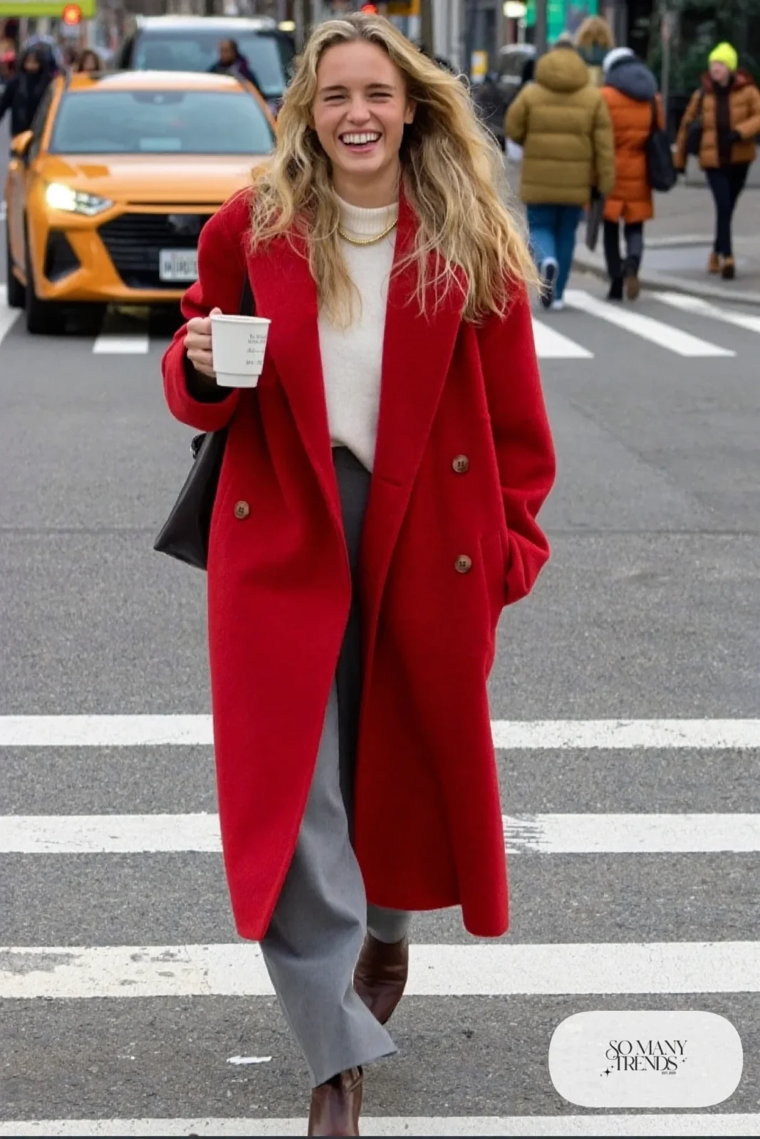 long cherry red wool coat cream sweater gray wide-leg pants brown boots black bag outfit 9
