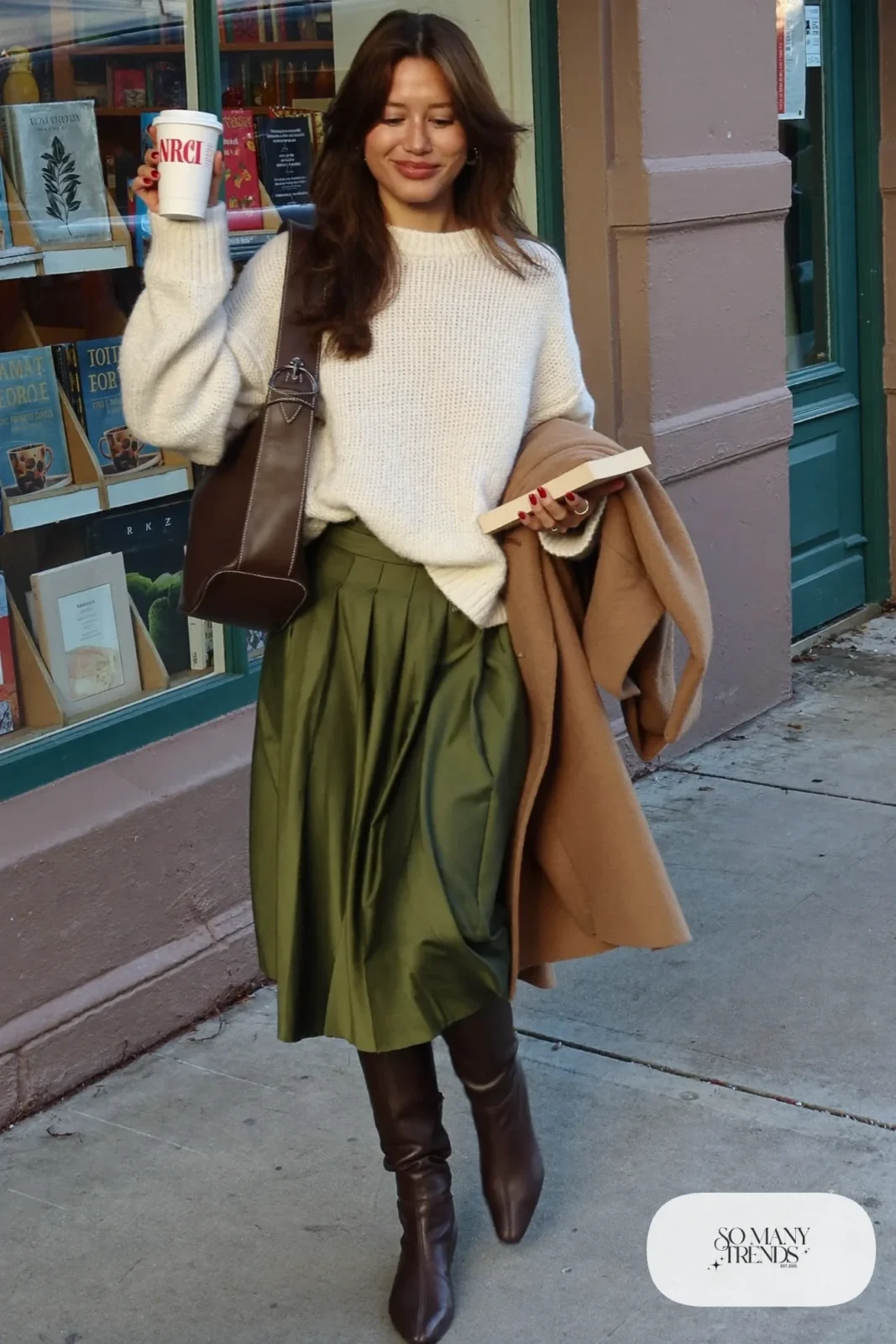 olive satin pleated midi skirt chunky cream knit sweater tall brown boots tote bag outfit 13