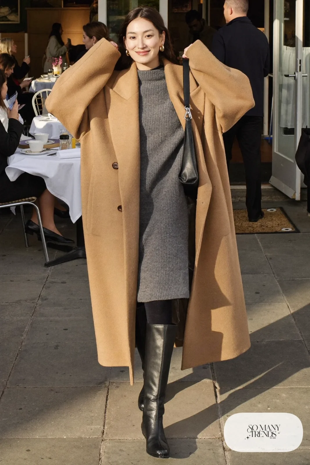 charcoal ribbed sweater dress long camel coat tall black boots black tights shoulder bag outfit 15
