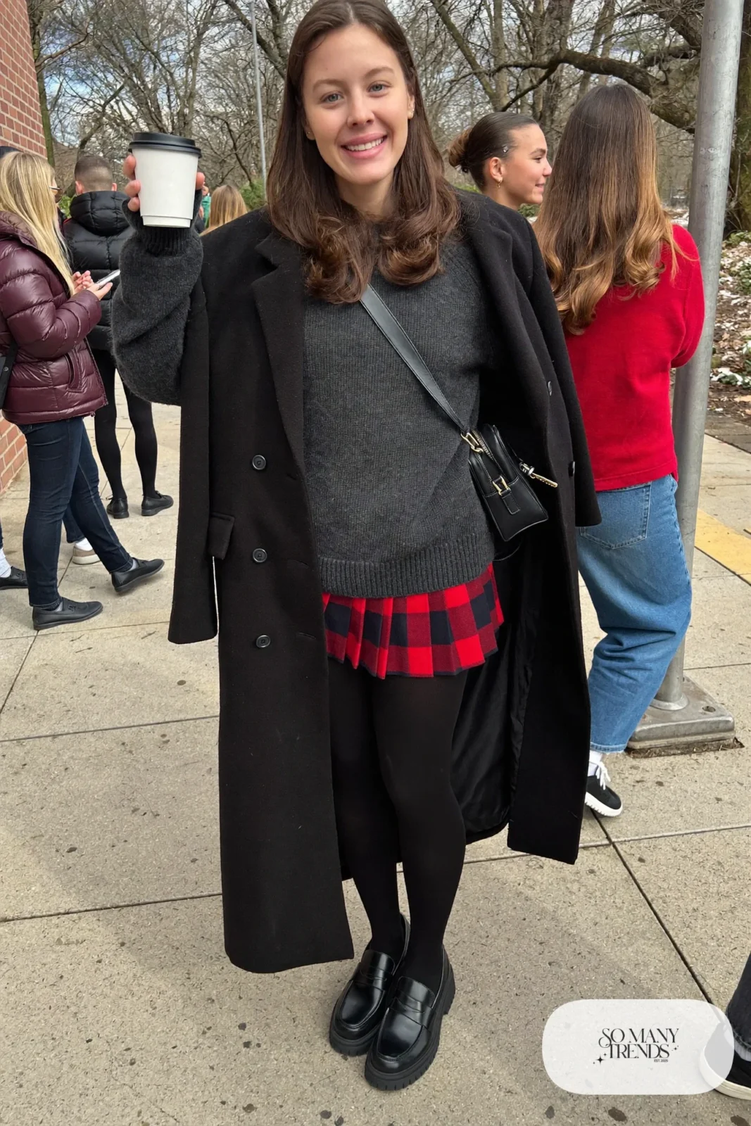 red black plaid mini skirt black opaque tights chunky gray sweater black loafers crossbody outfit 16