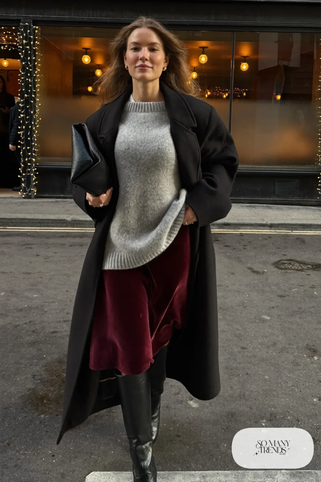 burgundy velvet midi skirt oversized gray sweater tall black boots long black coat outfit 18