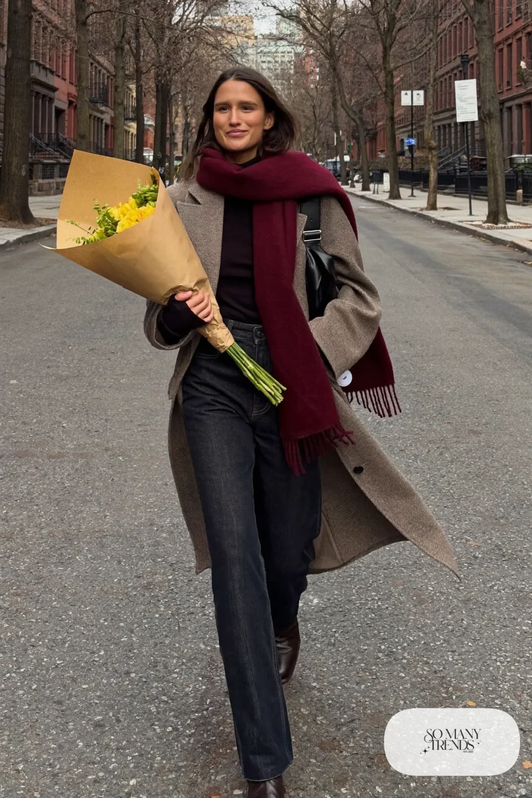 gray wool trench coat burgundy scarf black turtleneck dark jeans brown boots shoulder bag outfit 24
