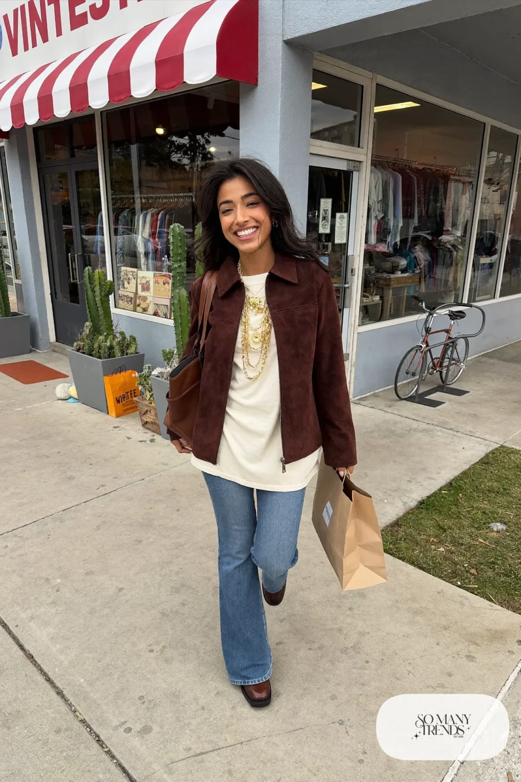 boxy brown faux suede jacket cream tee flared jeans brown ankle boots shoulder bag outfit 27
