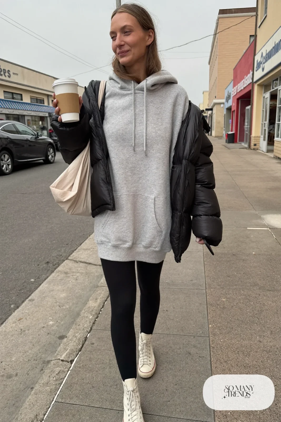 gray hoodie dress black leggings black puffer jacket high-top sneakers backpack outfit 28