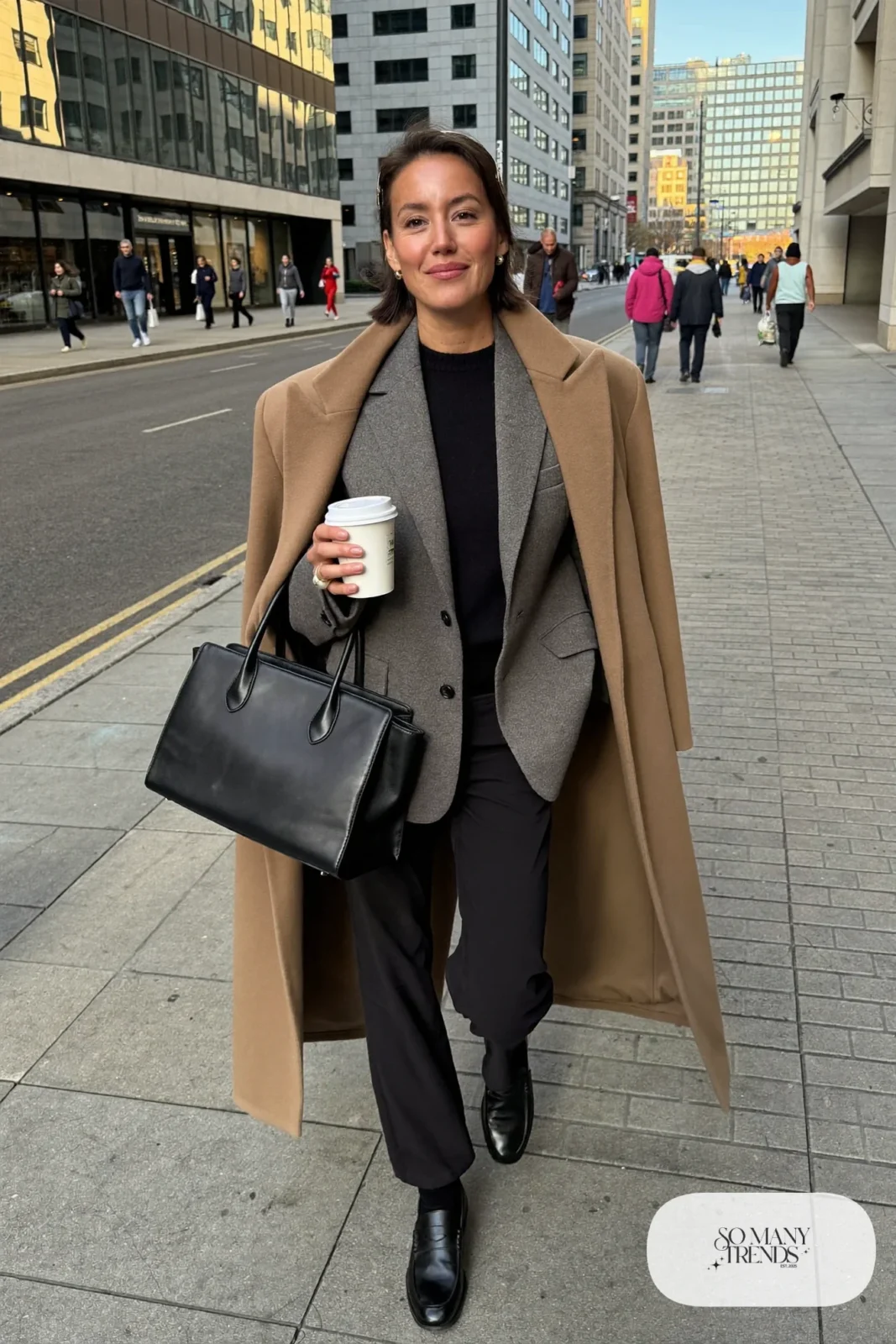 relaxed gray blazer long camel coat black knit top straight black pants loafers tote outfit 30