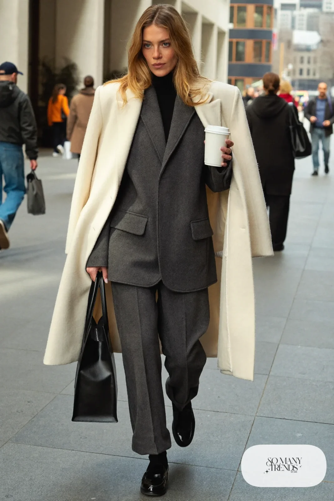 charcoal wool blazer wide-leg pants set black turtleneck loafers long coat tote bag outfit 32