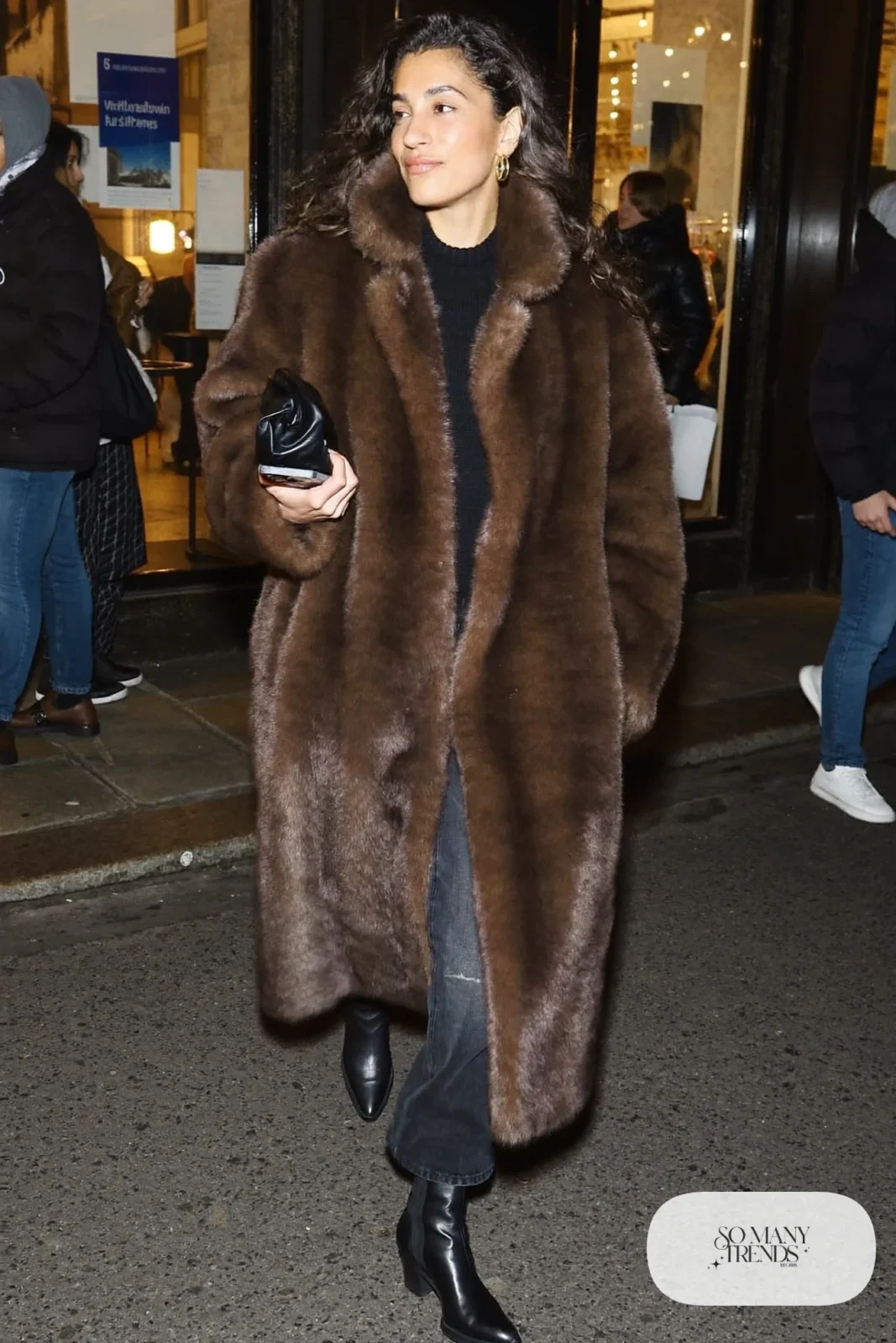 chocolate faux fur coat black sweater dark straight jeans black heeled ankle boots clutch outfit 34
