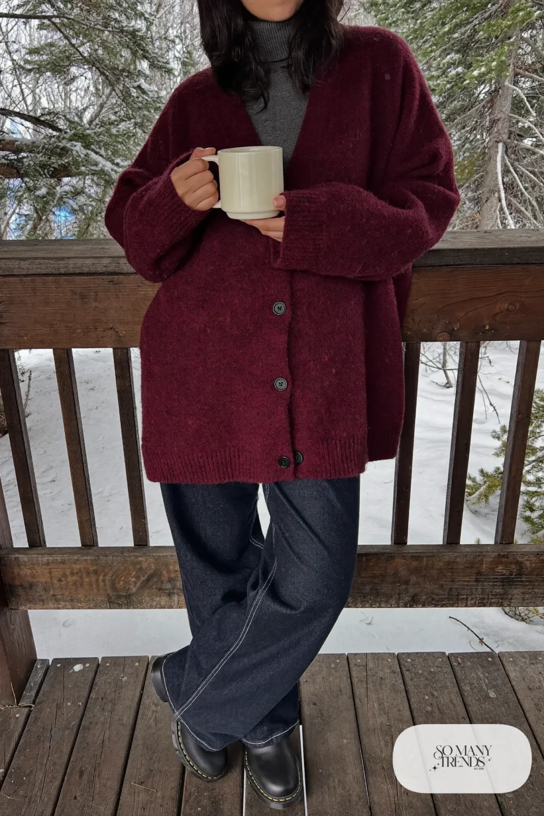 burgundy oversized wool cardigan charcoal turtleneck dark straight jeans lug-sole boots outfit 2