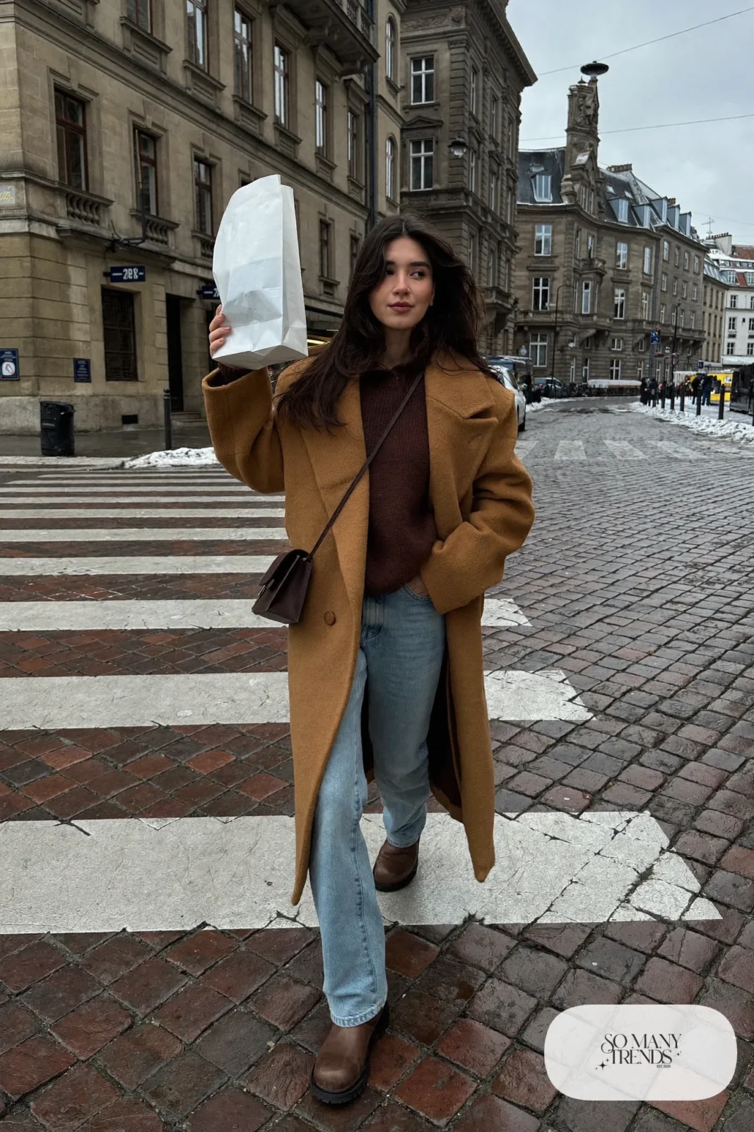 oversized camel wool coat chocolate brown sweater straight jeans leather ankle boots crossbody bag outfit 3