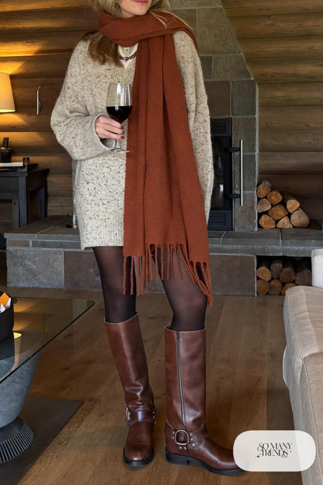 oversized oatmeal knit sweater dress black tights knee-high brown boots long scarf outfit 5