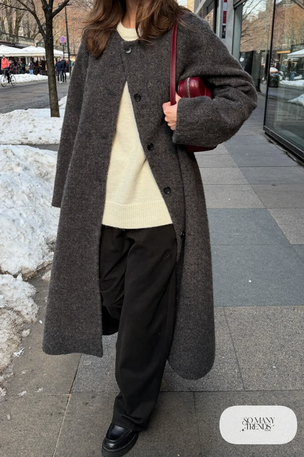 long charcoal wool coat black wide-leg pants cream sweater burgundy bag loafers outfit 6