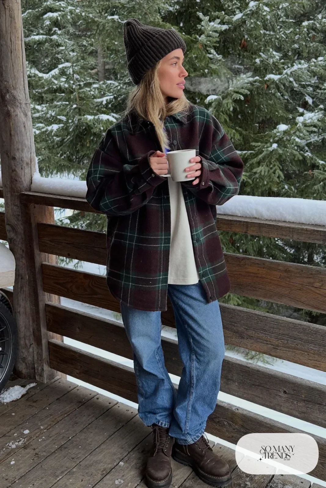 red and green plaid flannel shirt jacket cream tee relaxed jeans lace-up boots beanie outfit 9