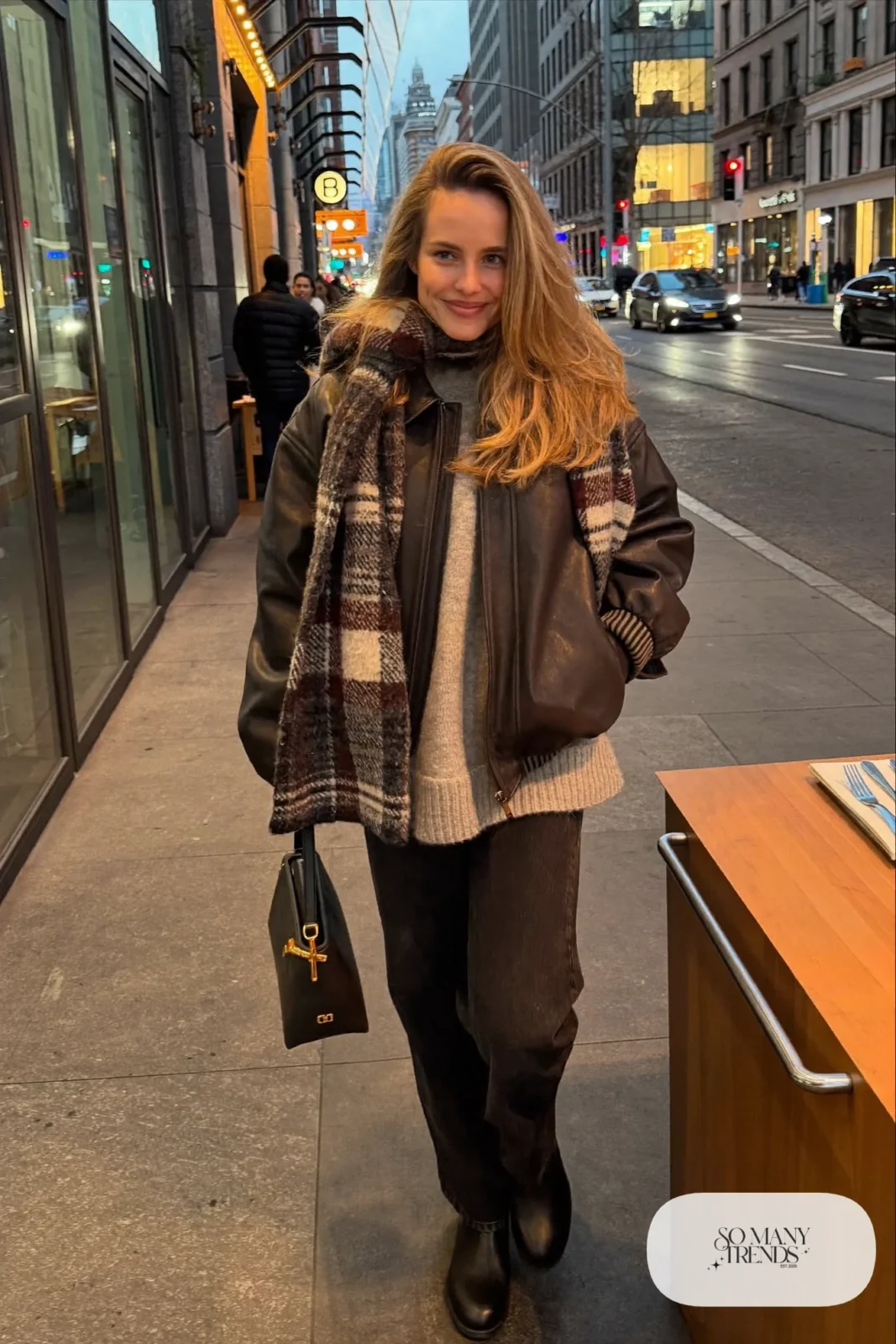 boxy chocolate brown leather jacket gray chunky sweater black jeans ankle boots scarf outfit 10