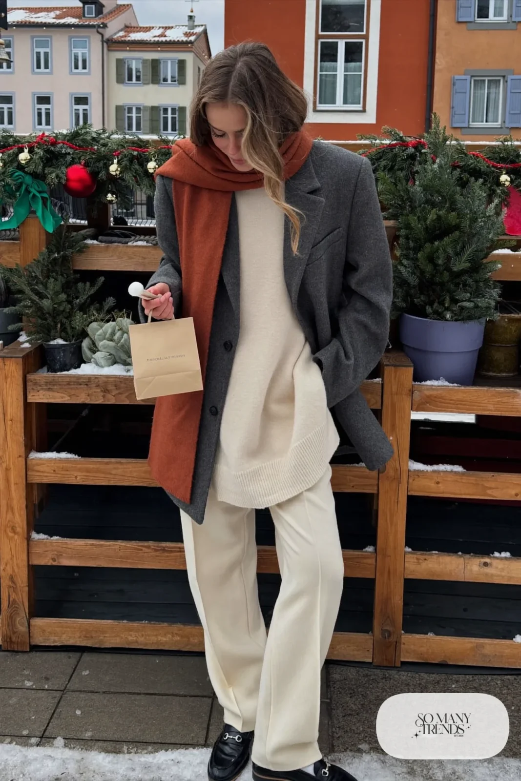 oversized gray wool blazer cream cashmere sweater cream straight pants loafers outfit 13