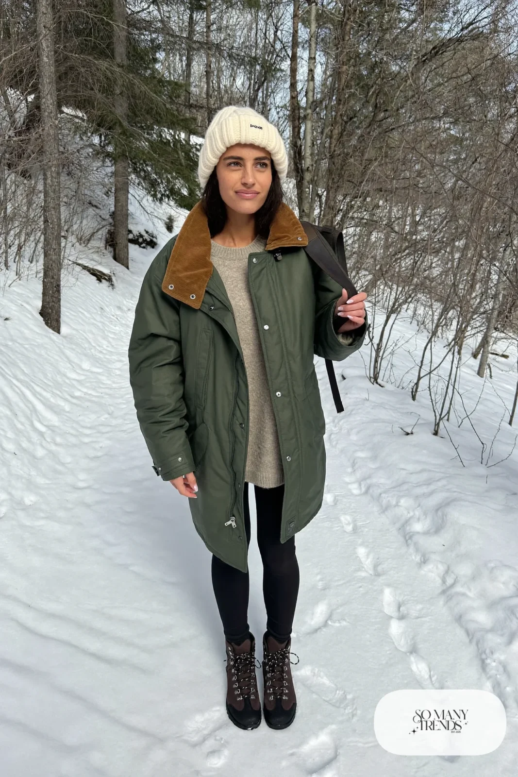 forest green waxed barn jacket gray sweater black leggings hiking boots outfit 14
