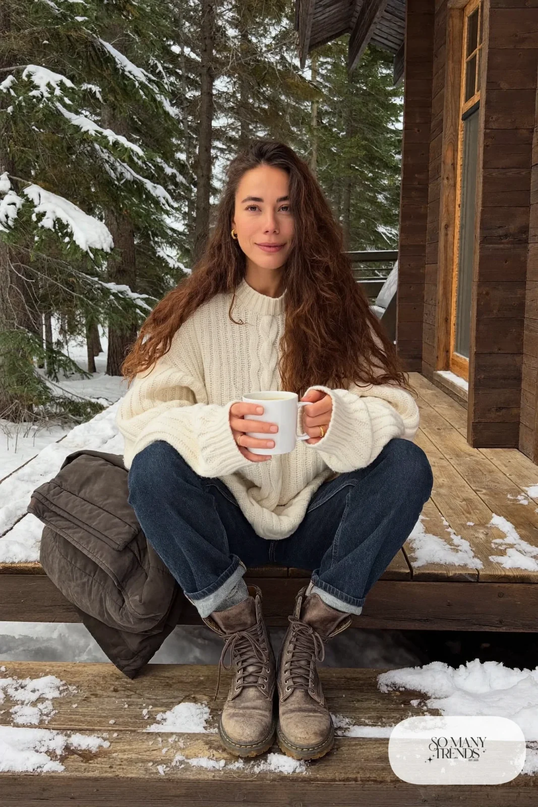 oversized cream cable-knit Aran sweater dark straight jeans wool socks boots outfit 16