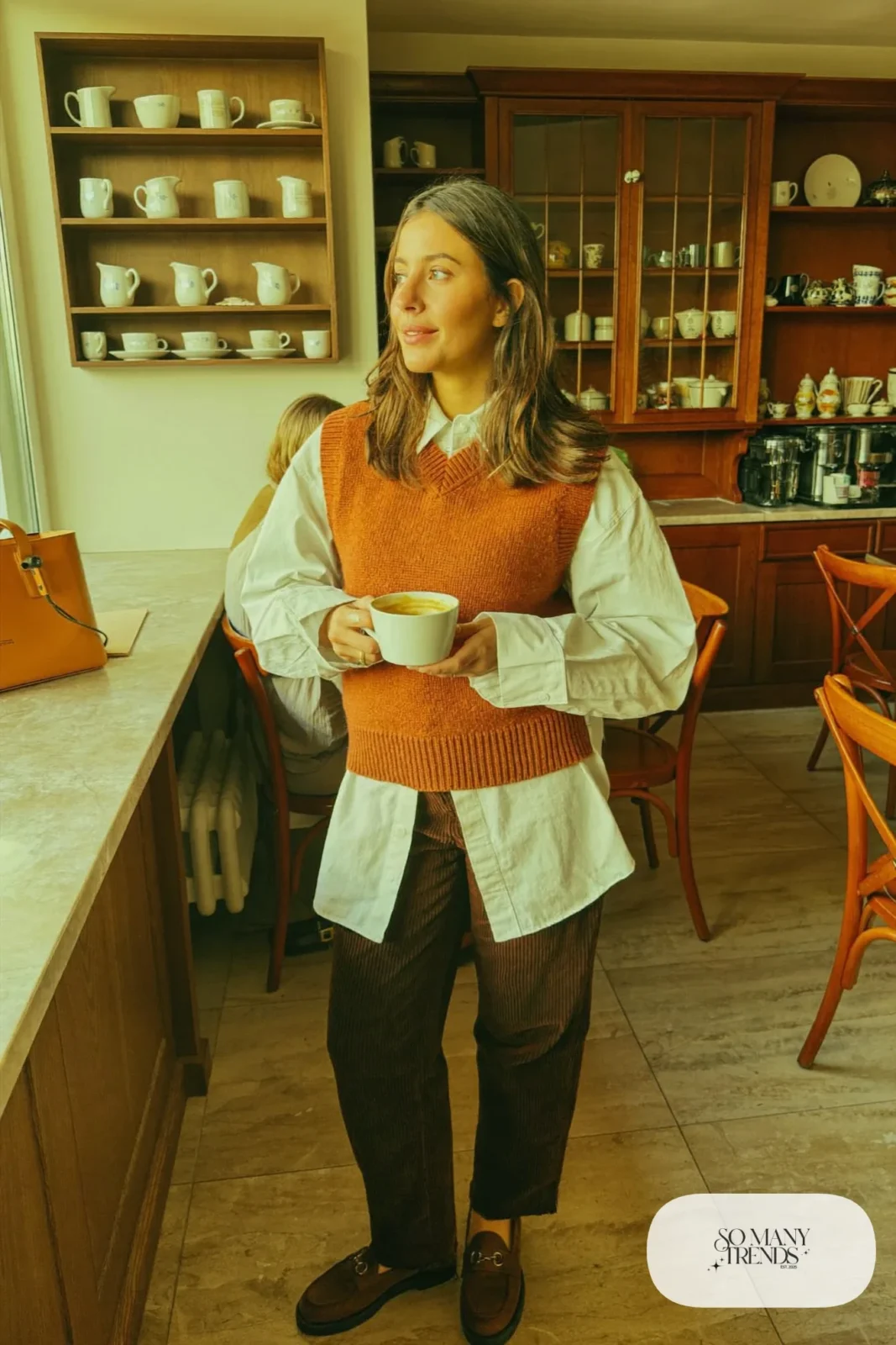 rust knit sweater vest white button-up shirt brown corduroy pants loafers outfit 18