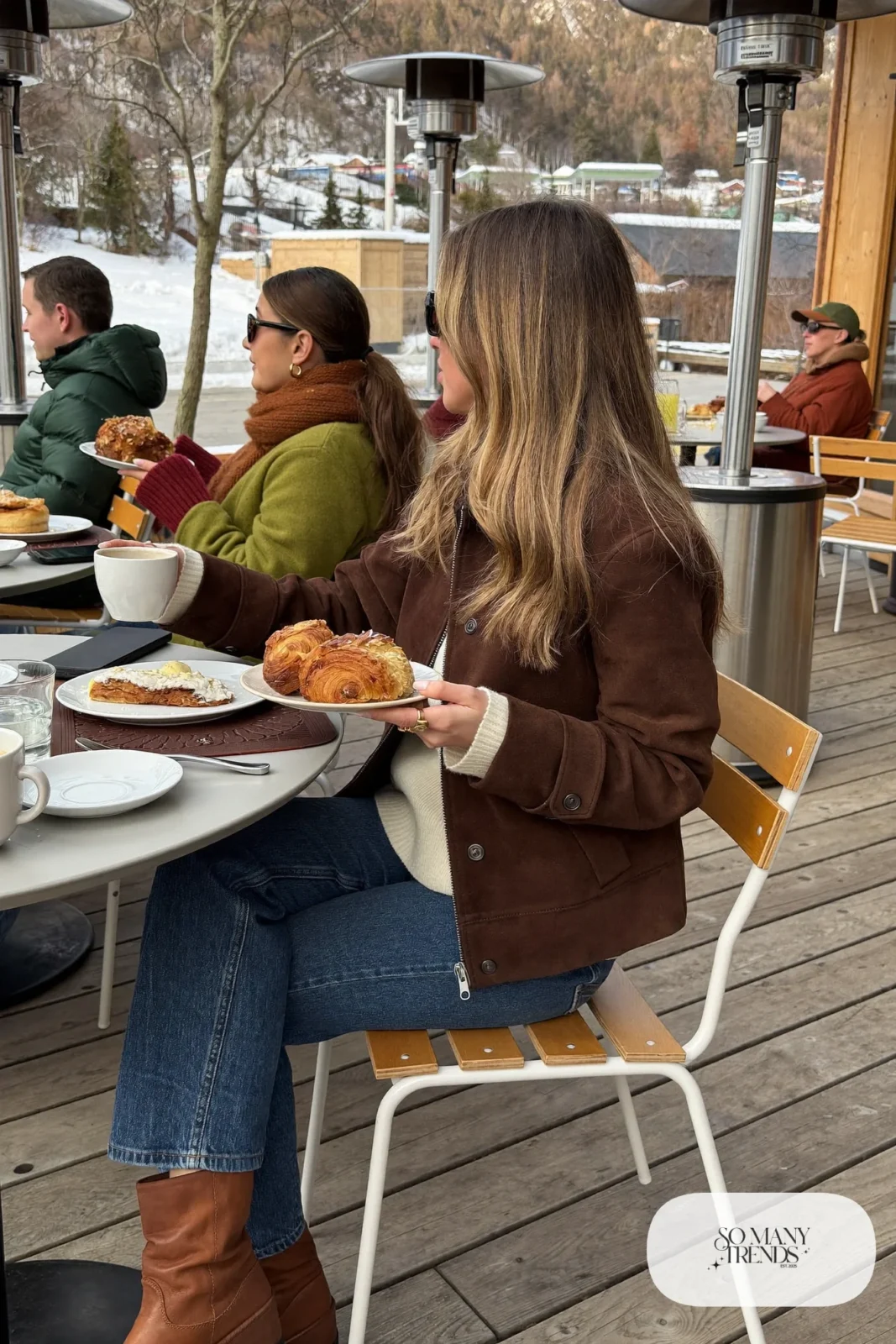 chocolate brown suede jacket cream knit sweater straight jeans brown boots outfit 23