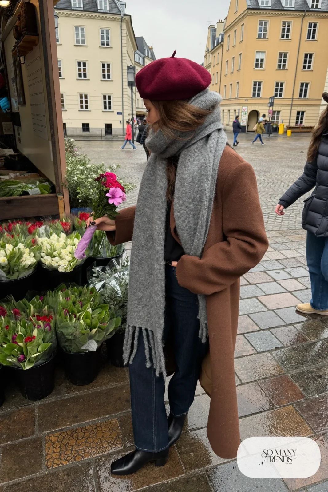burgundy wool beret camel long coat dark jeans black boots outfit 24
