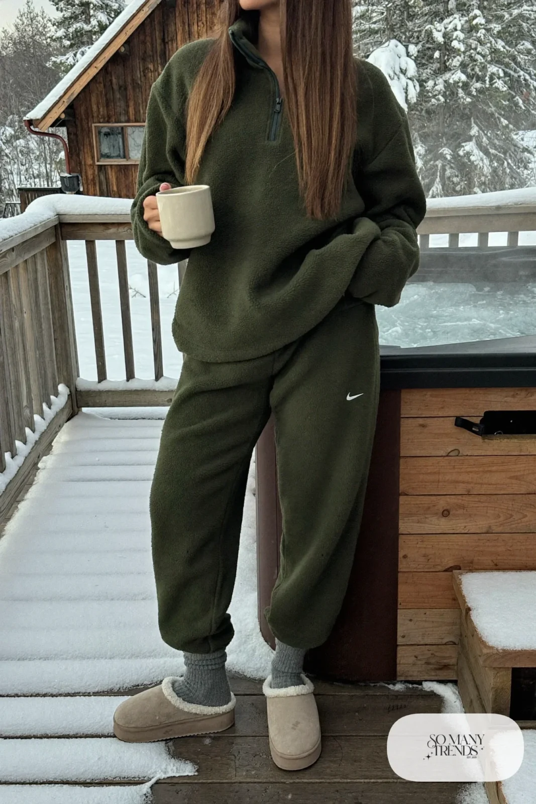 forest green fleece pullover and joggers set sherpa slippers wool socks outfit 25