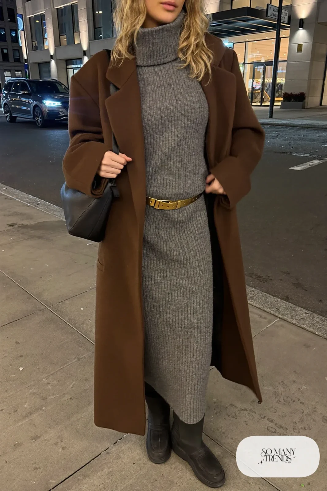 gray ribbed turtleneck midi dress long camel duster coat tall black boots slim bag outfit 26