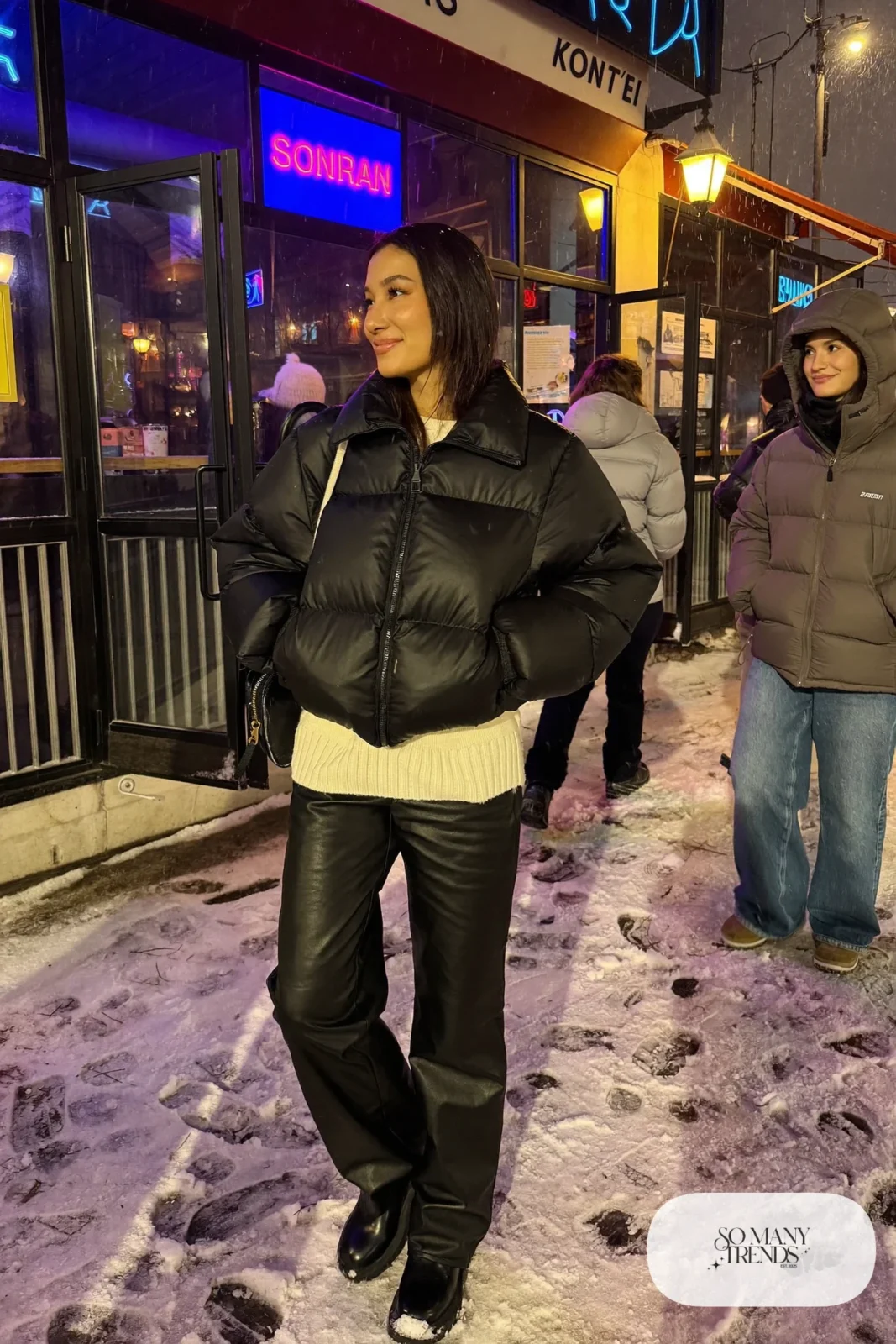 black faux leather wide-leg pants chunky cream sweater black lug boots short puffer outfit 28