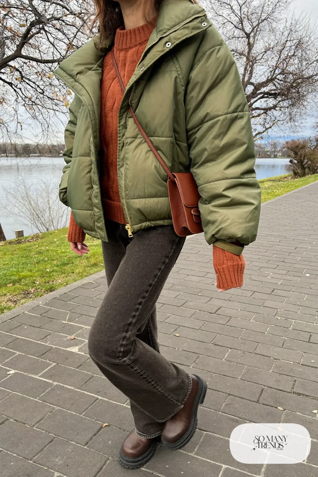 olive quilted jacket rust sweater dark jeans brown boots crossbody bag outfit 29