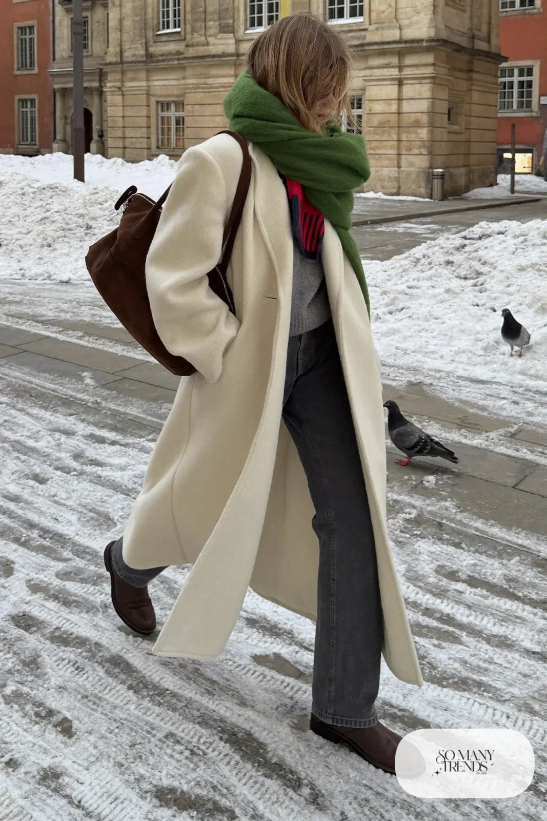 long cream wool coat gray sweater straight pants chocolate brown boots brown bag outfit 30