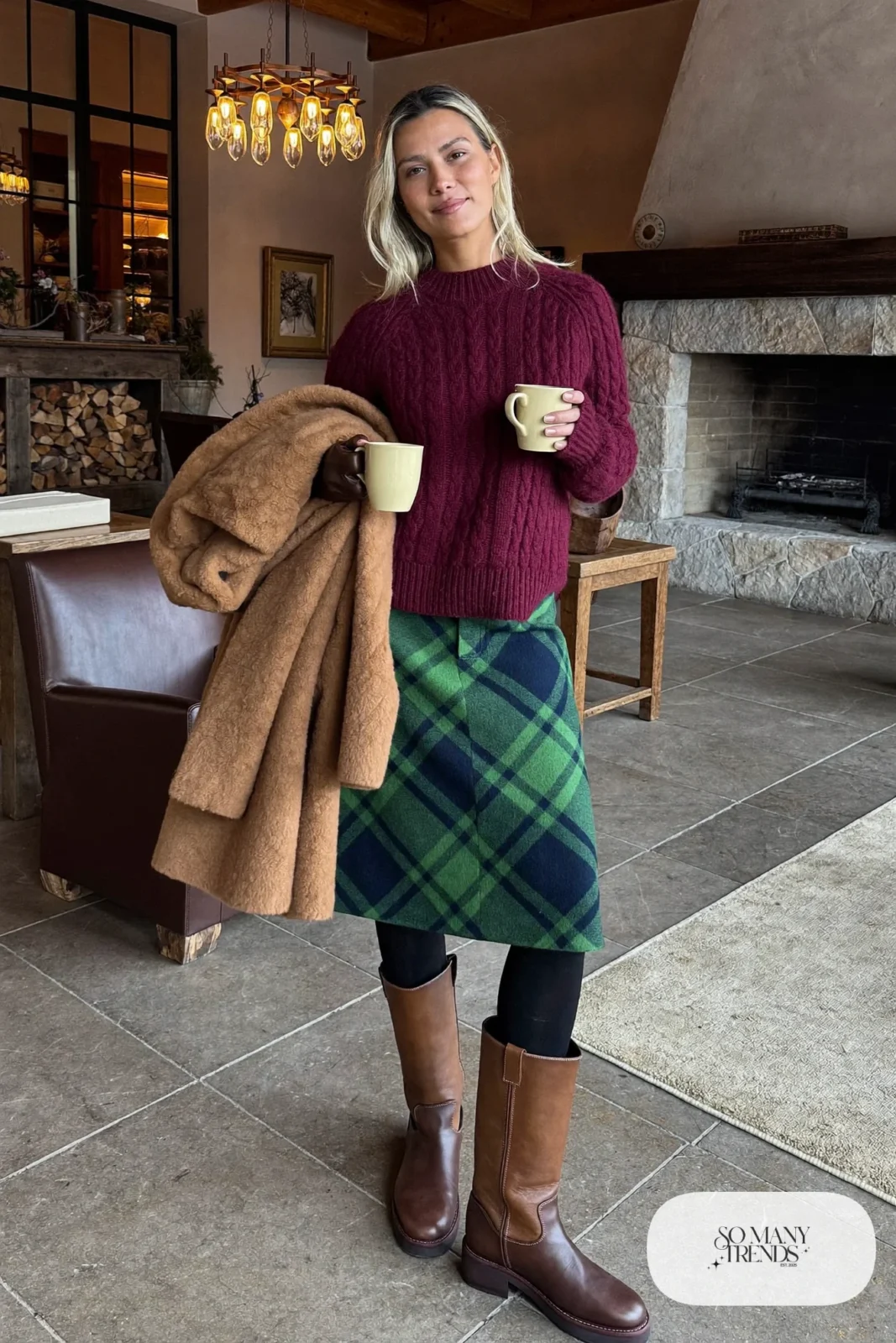 burgundy knit sweater plaid midi skirt wool tights tall boots long coat outfit 31