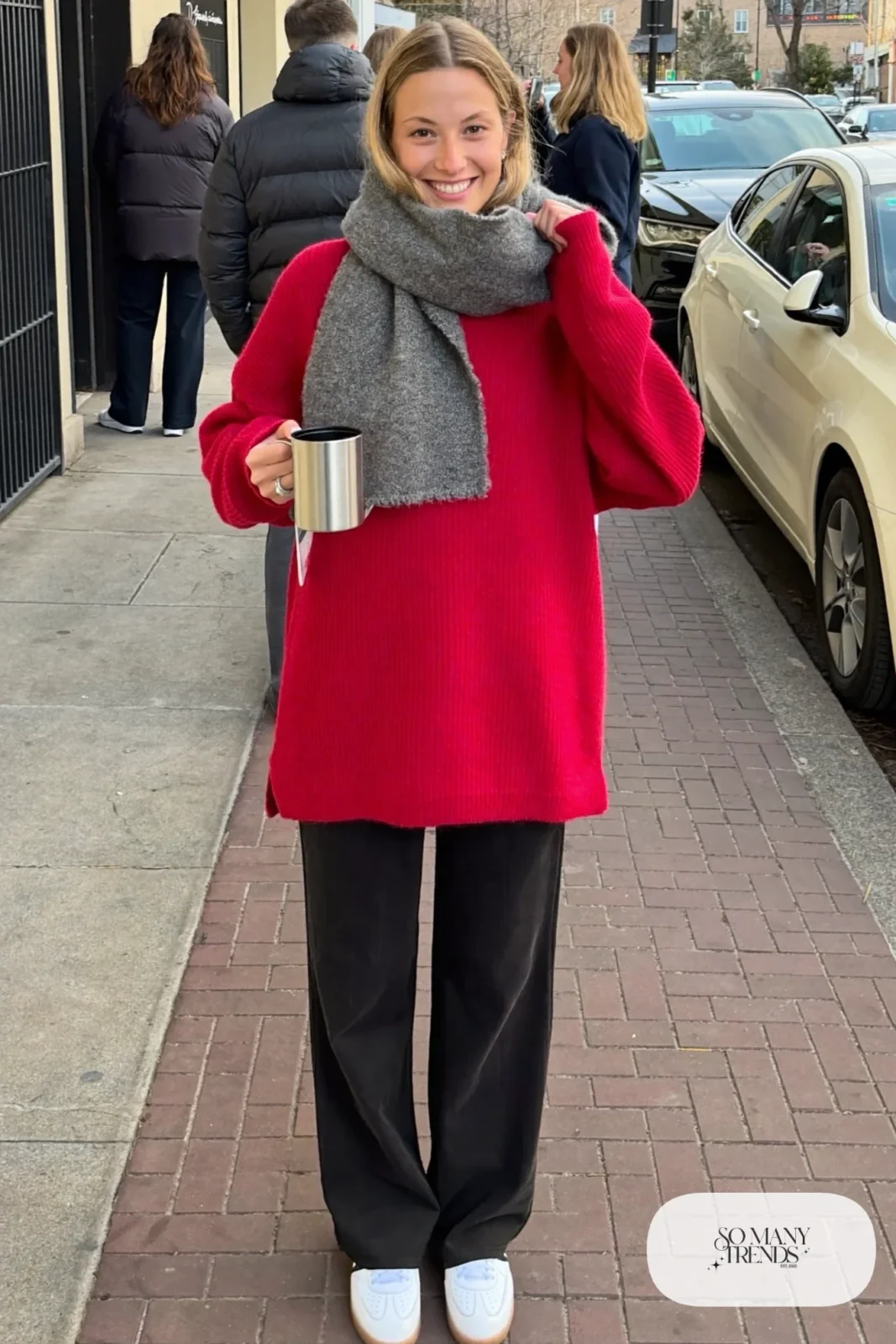 cherry red oversized sweater black straight pants white sneakers gray scarf outfit 2