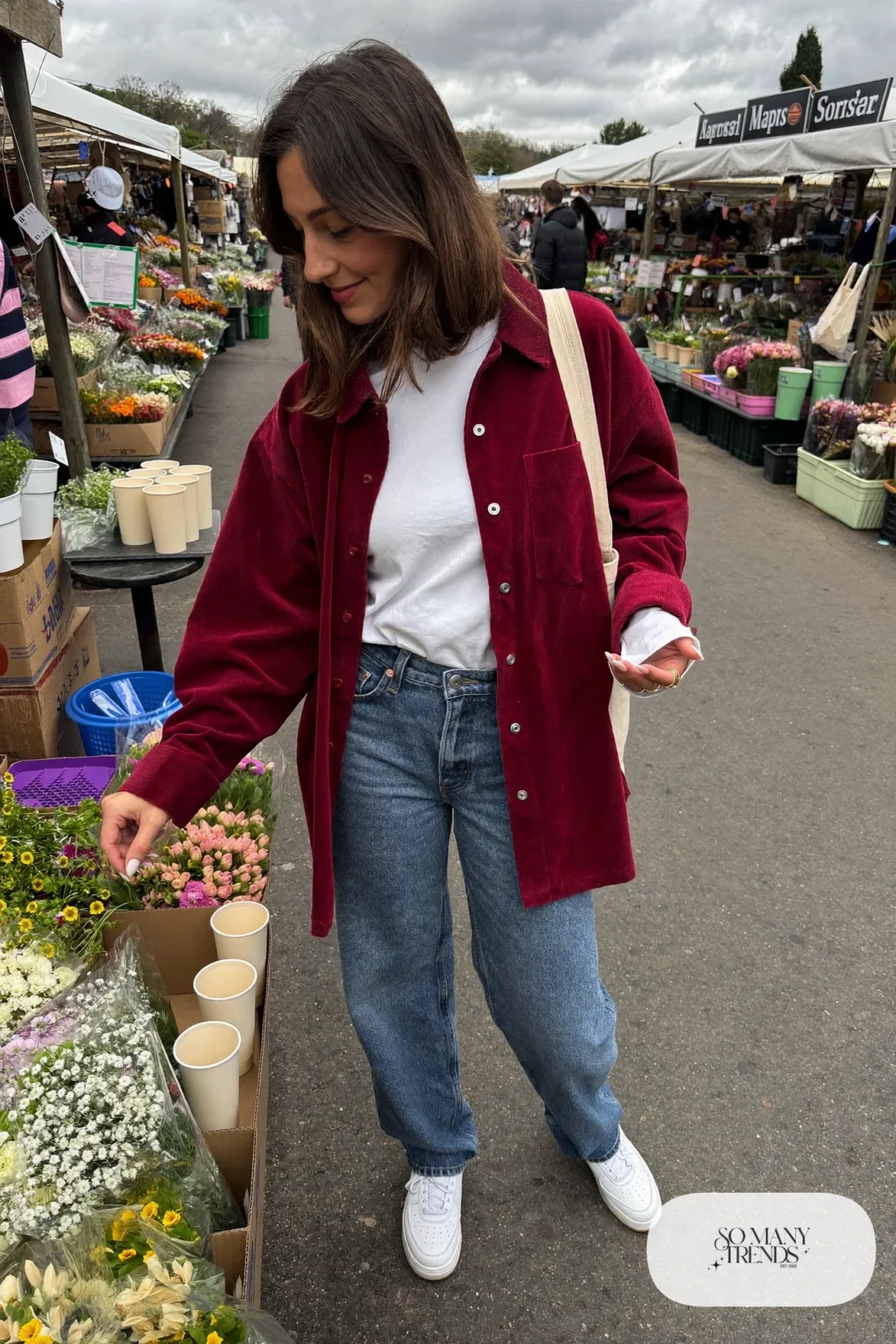 oversized burgundy corduroy overshirt white long-sleeve tee straight jeans white sneakers tote outfit 6