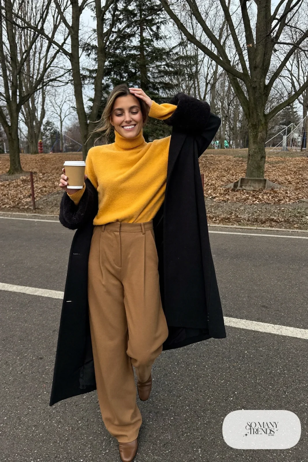 mustard turtleneck sweater camel wide-leg pants brown ankle boots long coat outfit 7