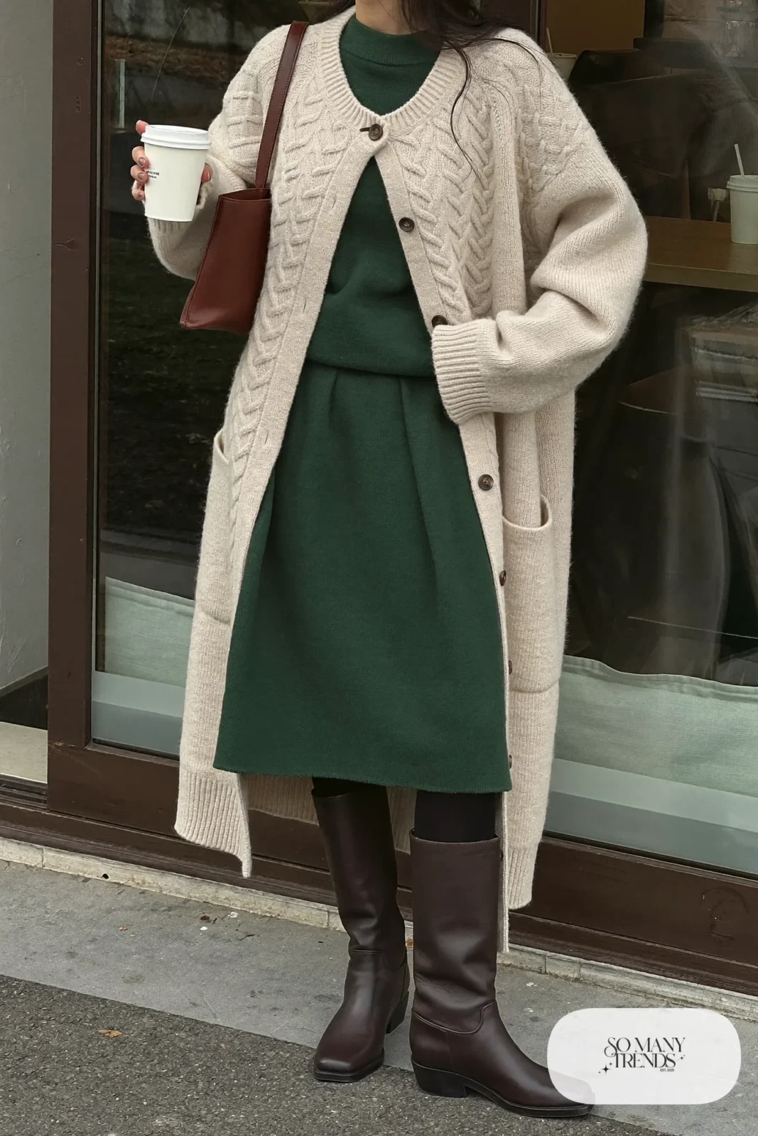 forest green midi skirt chunky oatmeal cardigan opaque tights tall boots shoulder bag outfit 10