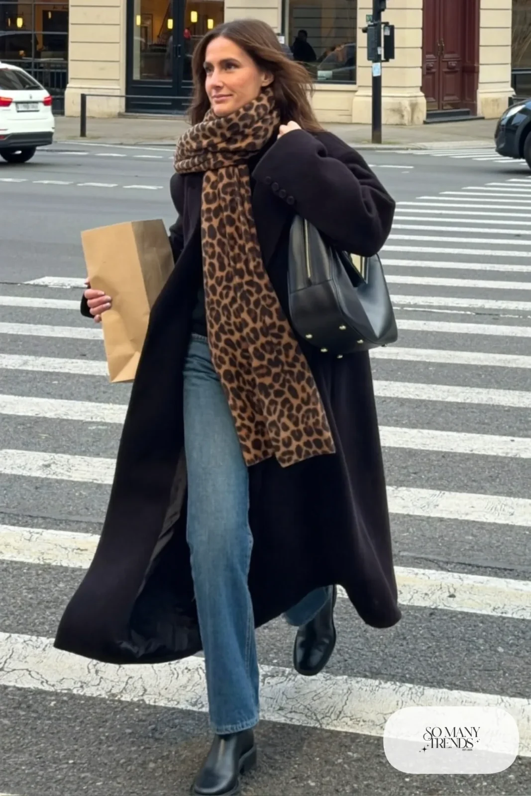 leopard print wool scarf long black coat blue straight jeans black ankle boots black bag outfit 12