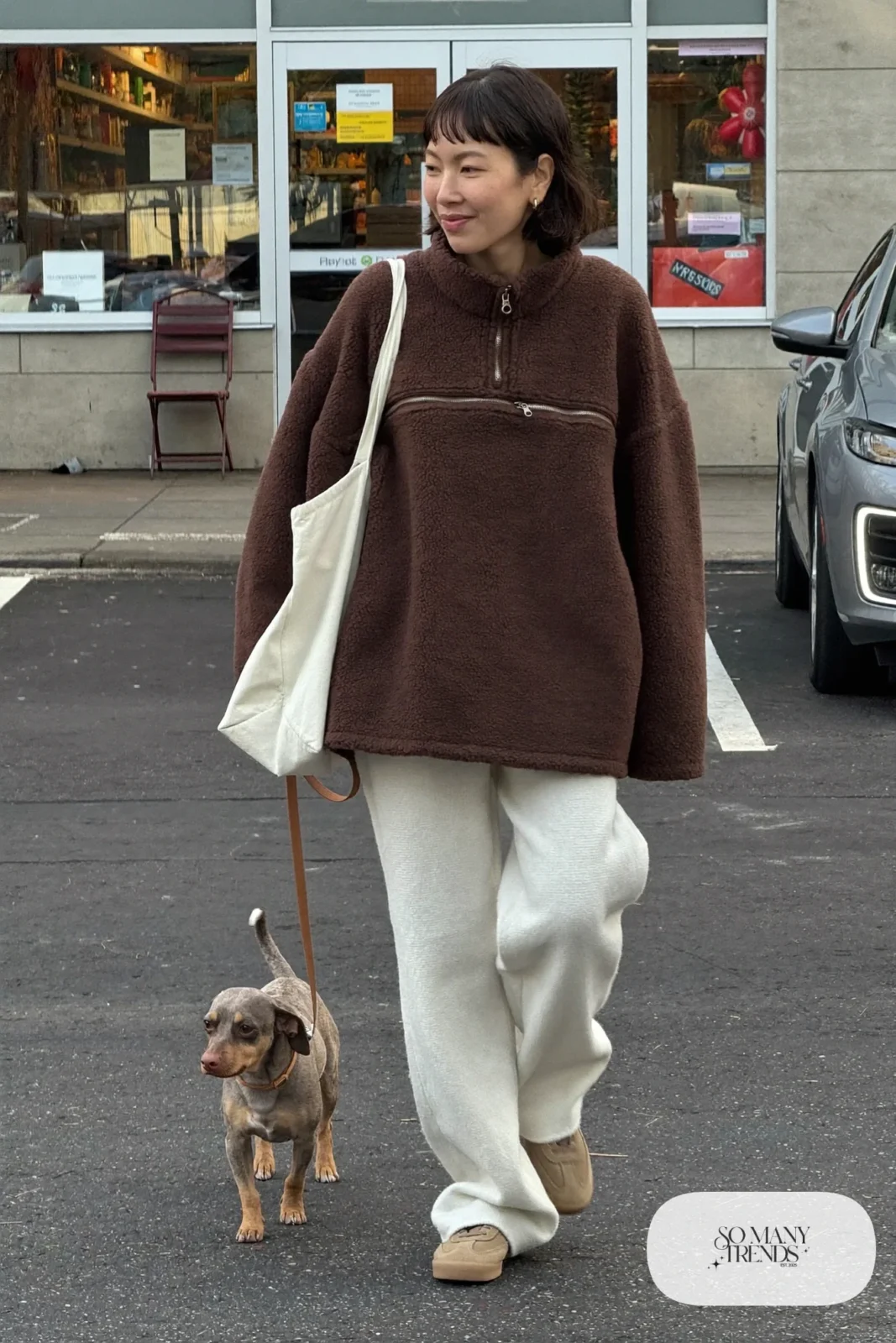 chocolate brown teddy fleece pullover cream wide-leg pants tan suede sneakers canvas tote outfit 13