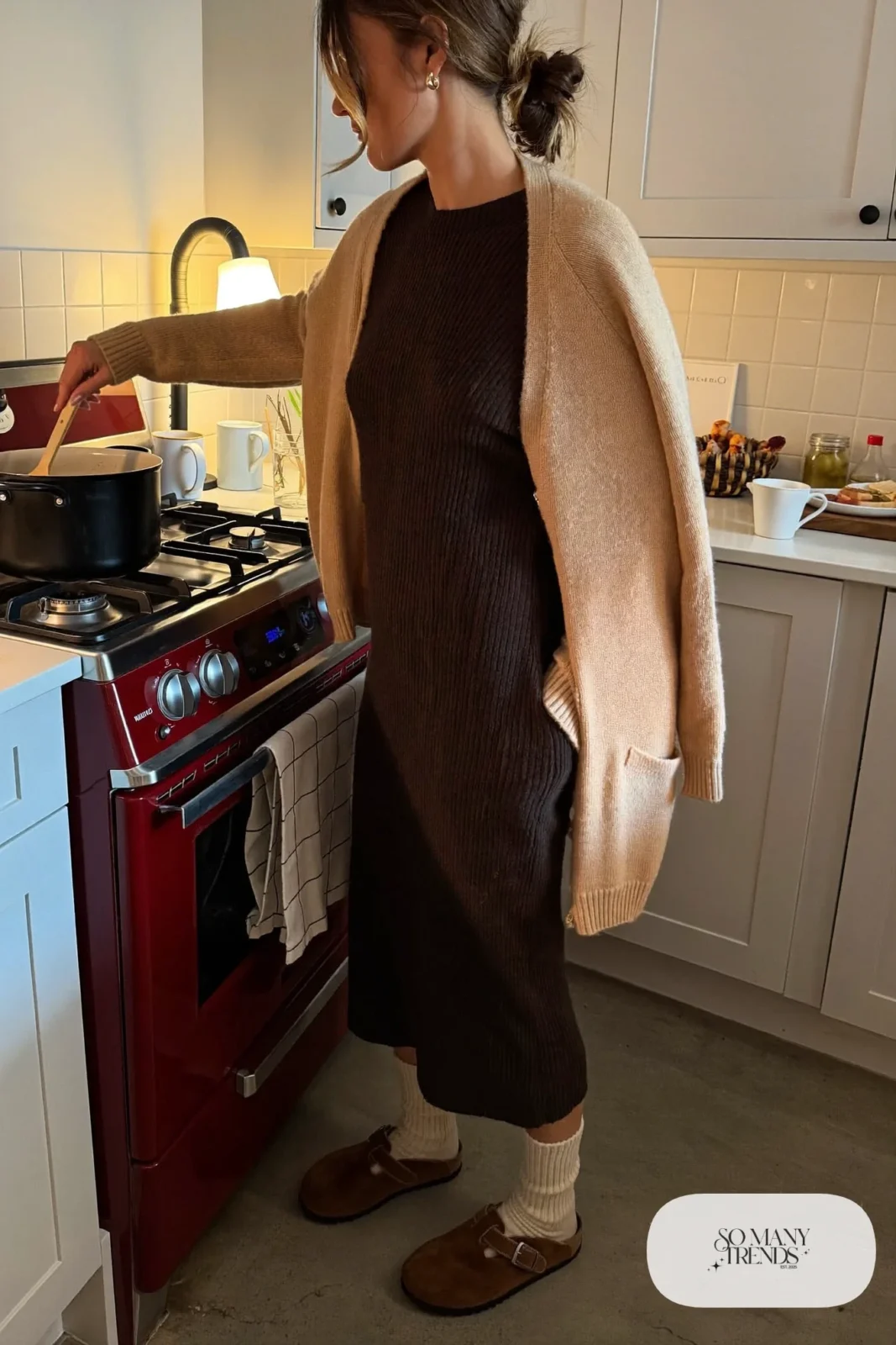 loose black knit sweater dress chunky cream socks brown clogs long cardigan outfit 22