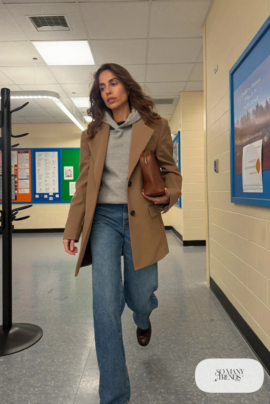 oversized camel blazer gray hoodie straight blue jeans loafers small bag outfit 26
