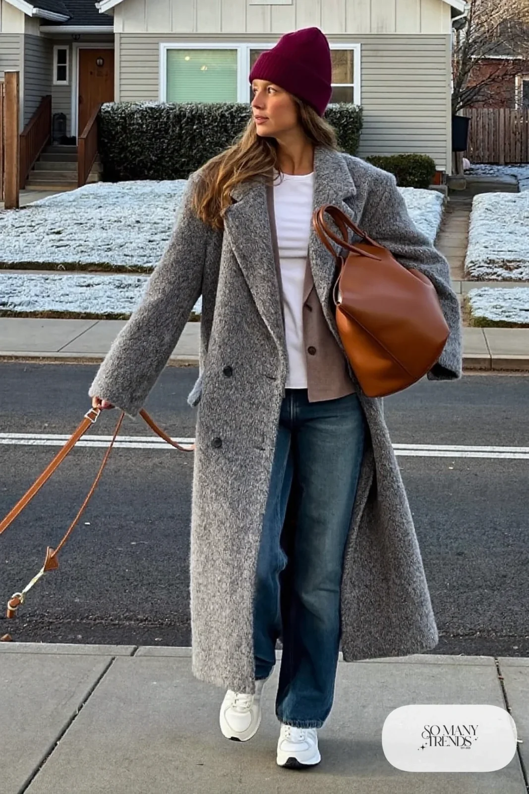 burgundy knit beanie long gray wool coat straight blue jeans white sneakers leather tote outfit 30