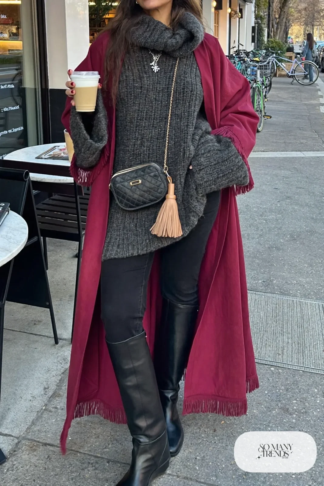 burgundy fringe kimono charcoal chunky turtleneck straight black jeans leather boots tassel bag outfit 3
