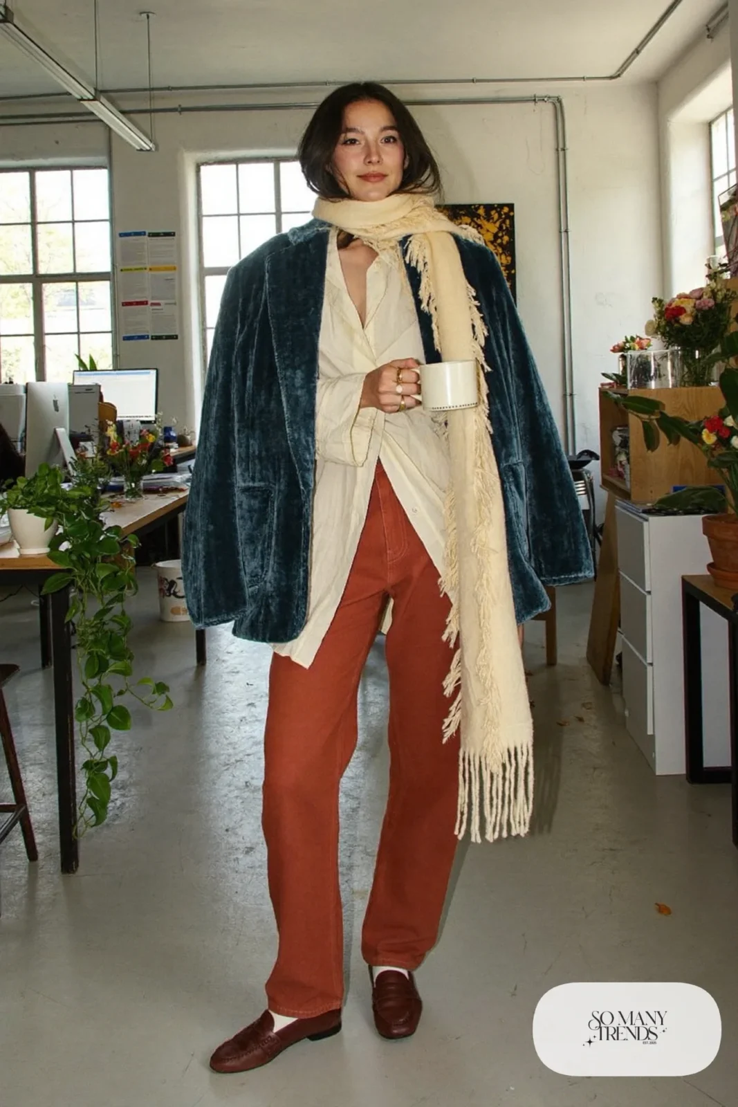 teal velvet blazer cream blouse straight rust pants fringe scarf loafers outfit 6