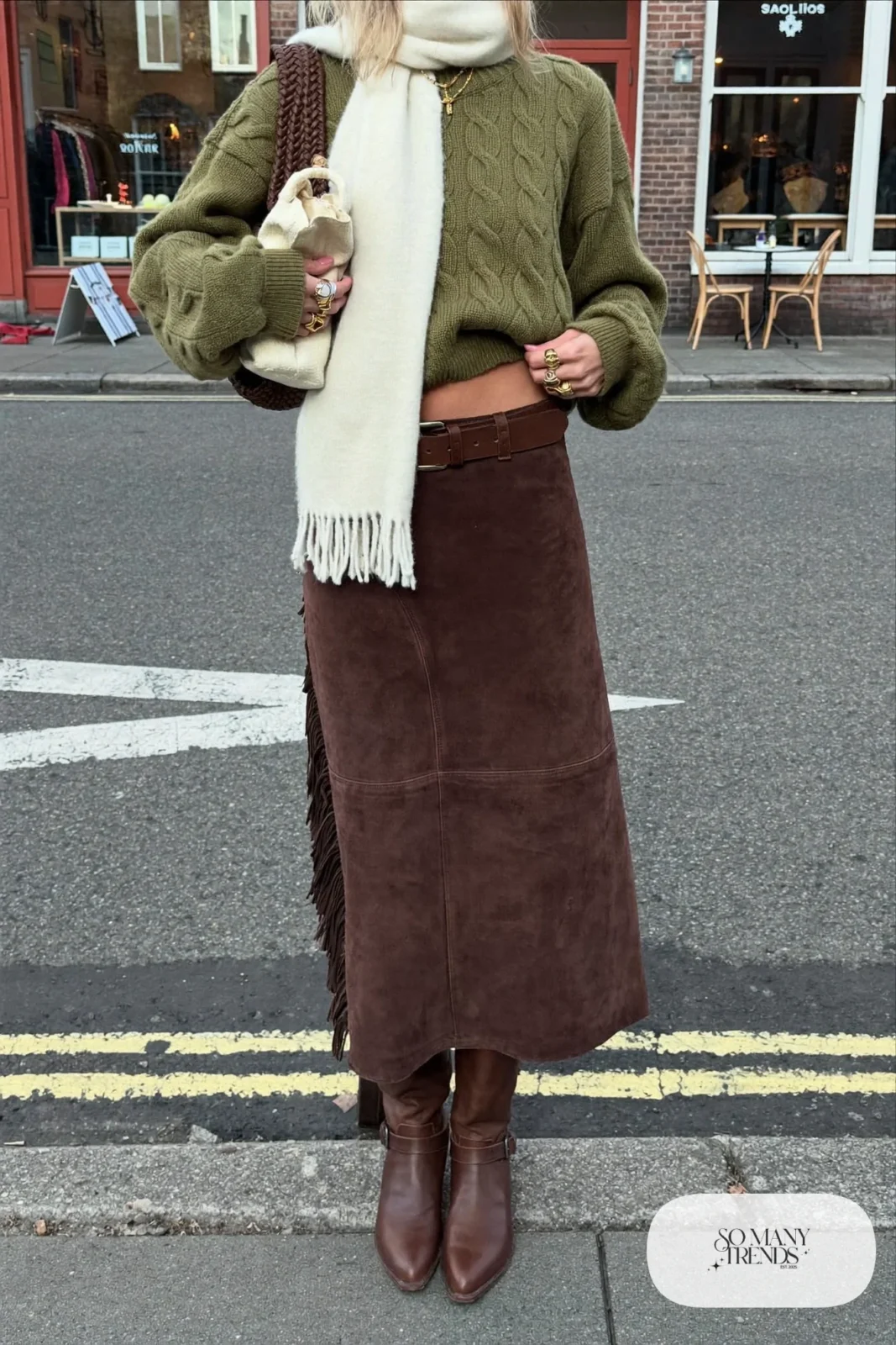 olive oversized cable knit sweater chocolate suede midi skirt tall brown boots wool scarf outfit 7