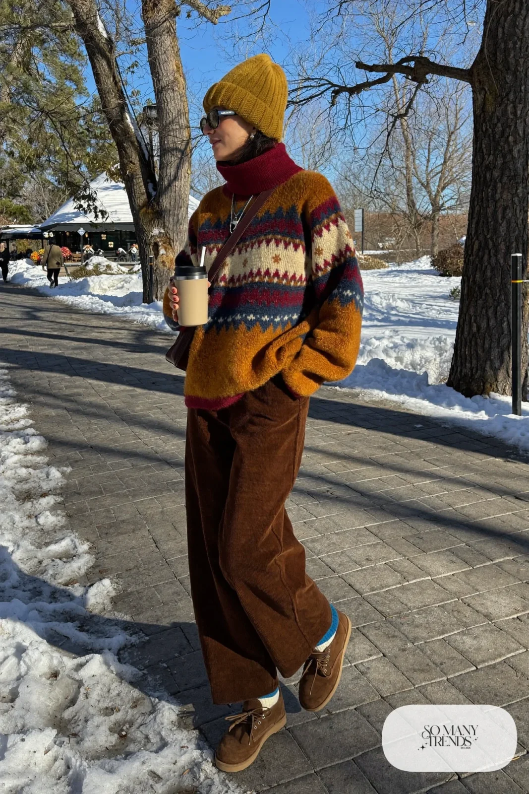 fair isle sweater rust cream wide-leg chocolate corduroy pants suede boots beanie outfit 9