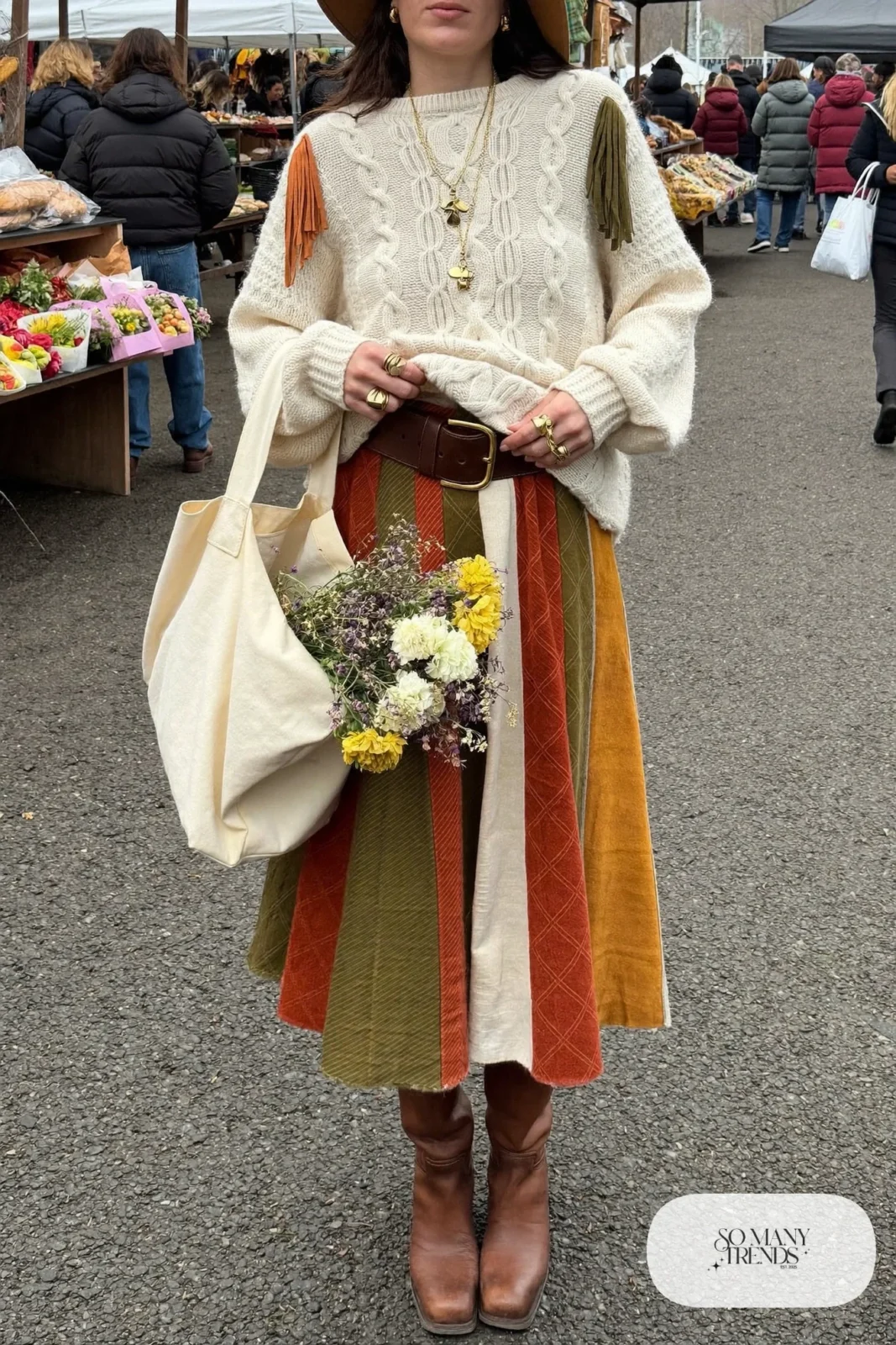 cream fisherman sweater patchwork midi skirt tall brown boots leather belt felt hat outfit 10