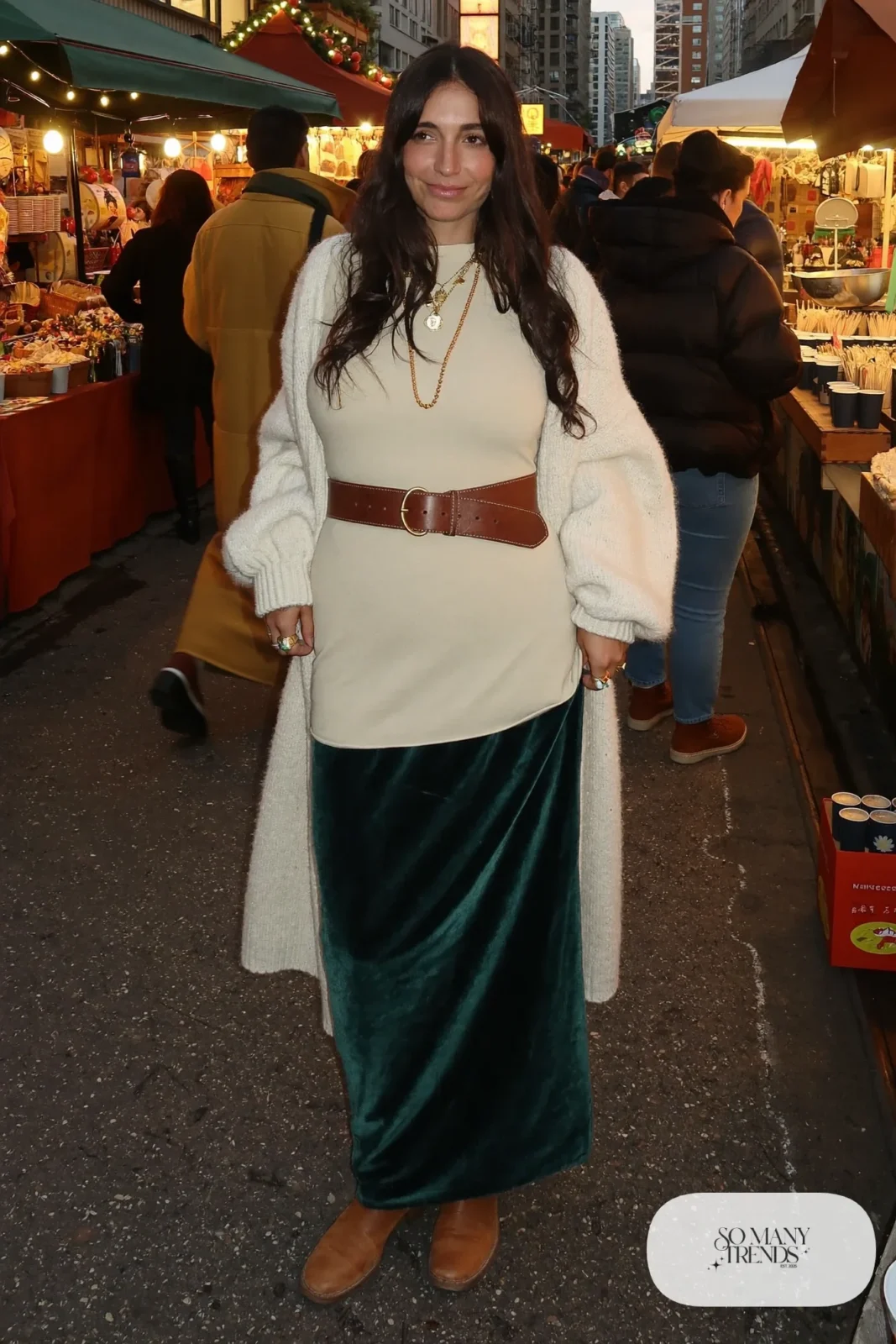 forest green velvet maxi skirt cream chunky cardigan tan ankle boots gold jewelry belt outfit 14