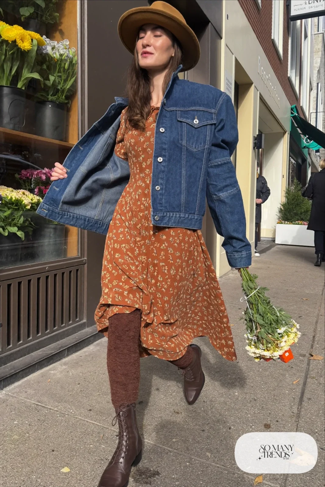rust floral prairie midi dress boxy denim jacket textured tights ankle boots felt hat outfit 15