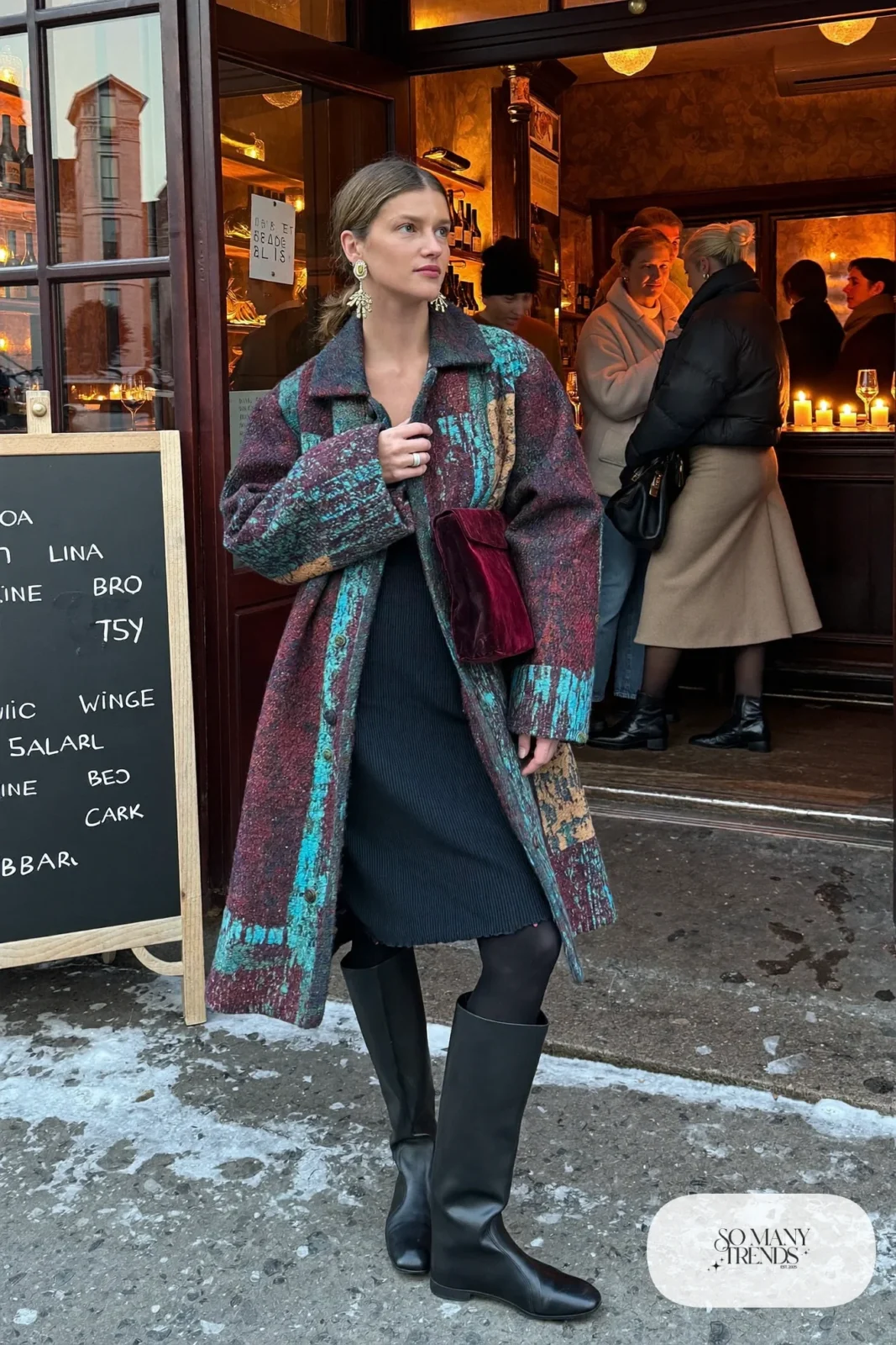 tapestry jacquard coat burgundy teal black knit slip dress tall black boots wool scarf outfit 17