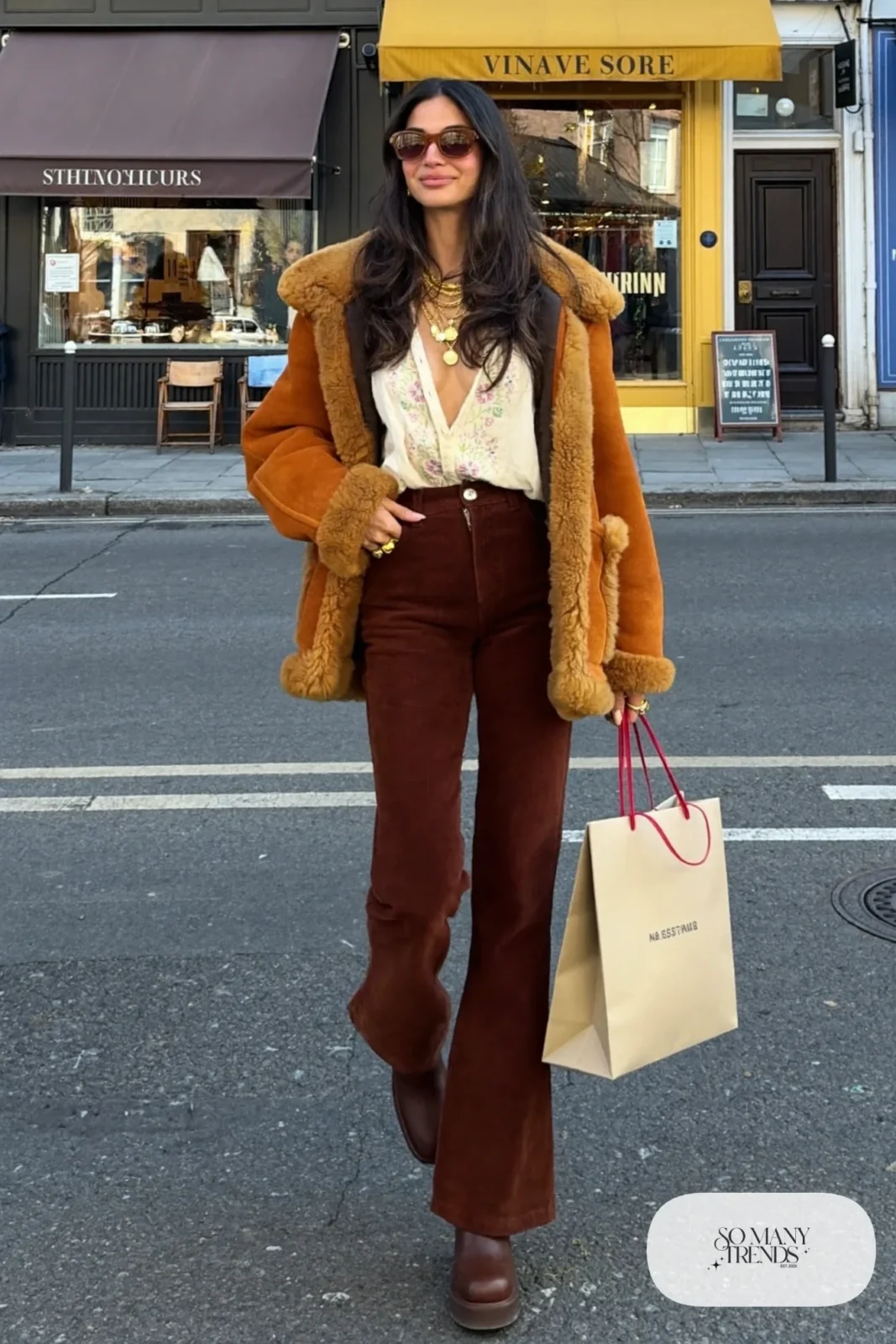 burgundy flared corduroy pants cream embroidered peasant blouse camel shearling jacket ankle boots outfit 21
