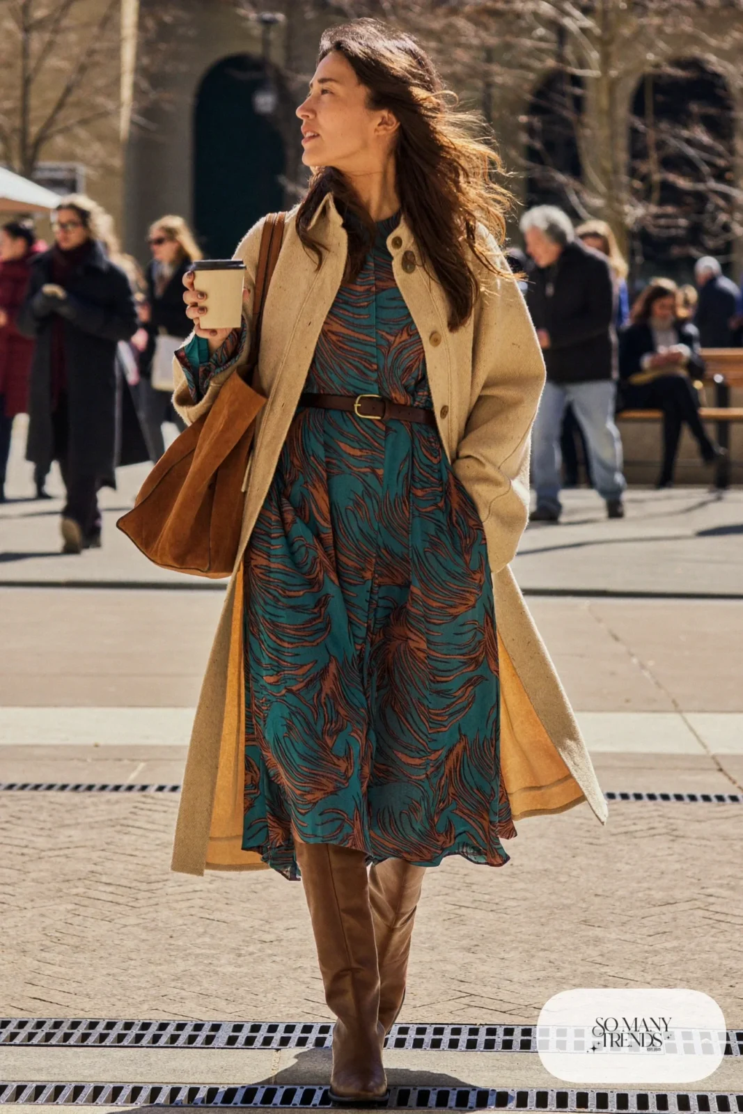 oatmeal duster cardigan teal rust printed midi dress tall brown boots belt shoulder bag outfit 22