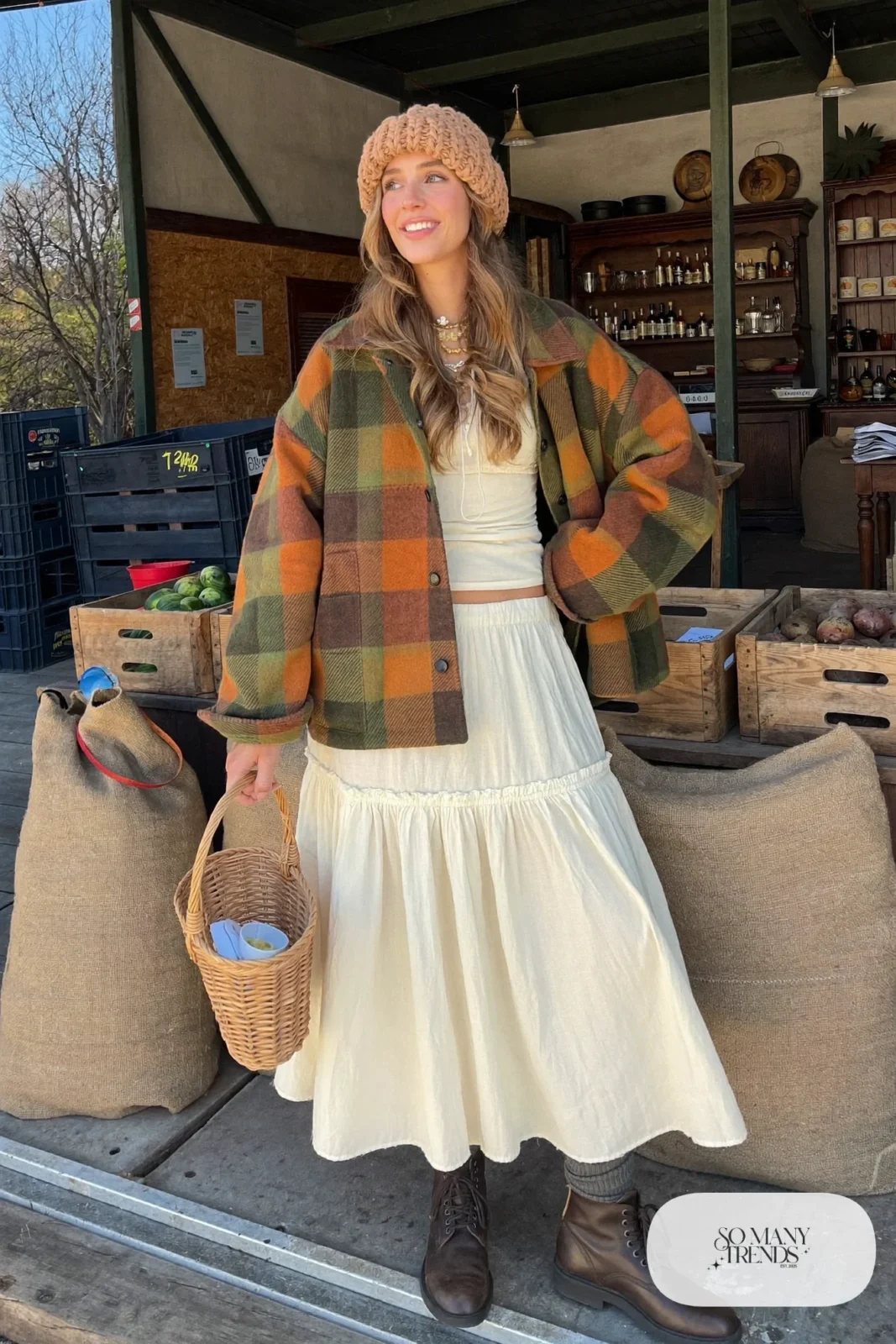 rust olive plaid shirt jacket cream tiered maxi skirt brown boots wool beanie outfit 23