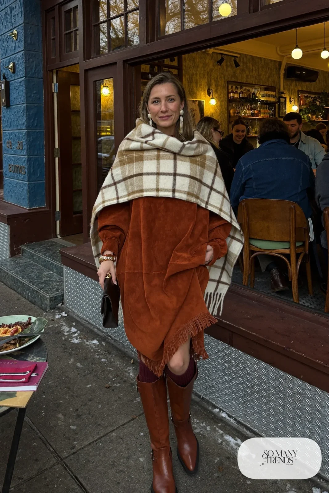 rust suede midi dress cream wool wrap shawl brown knee-high boots tassel earrings outfit 24
